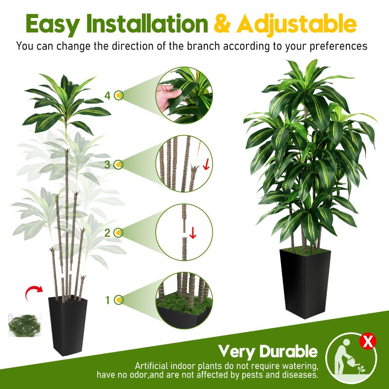 PUUKU Artificial Dracaena Tree Indoor, 6FT Tall Fake Tree with Black Tall Planter, Artificial Trees Fake Yucca Potted Tree for Home Office Living Room Decor, Tall Artificial Plant for Housewarming - Image 5