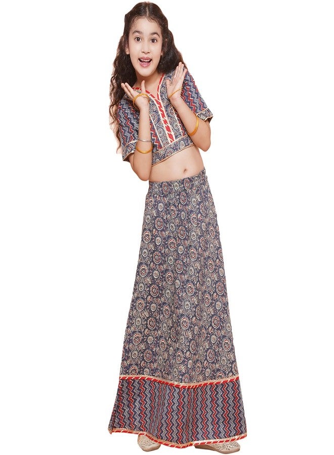 AJ DEZINES Kids Ethnic Wear Cotton Zigzag Printed Blue Lehenga Ghagra Choli Set For Girls (G-LH06-BLUE-34) - Image 1