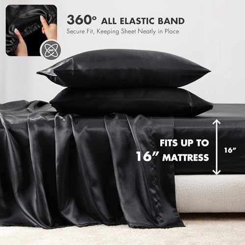 Madison Park Essentials Satin Sheet Set Luxury and Silky with Natural Sheen, Elastic 14" Pocket fits up to 16" Mattress, All Around Elastic - Year-Round Bedding, Cal King, Black, 6 Piece - Image 5