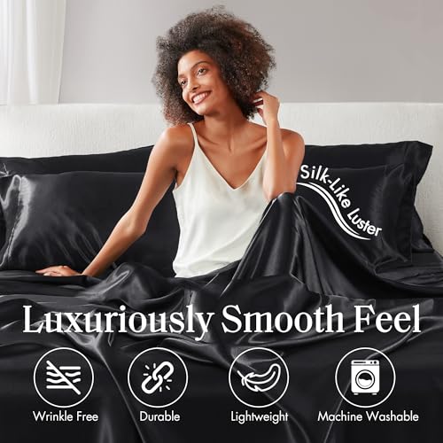 Madison Park Essentials Satin Sheet Set Luxury and Silky with Natural Sheen, Elastic 14" Pocket fits up to 16" Mattress, All Around Elastic - Year-Round Bedding, Cal King, Black, 6 Piece - Image 4