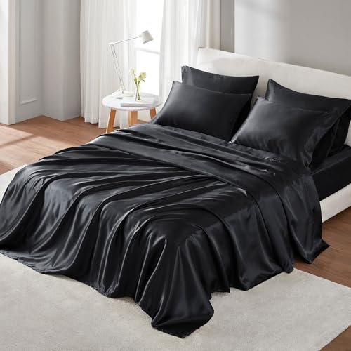 Madison Park Essentials Satin Sheet Set Luxury and Silky with Natural Sheen, Elastic 14" Pocket fits up to 16" Mattress, All Around Elastic - Year-Round Bedding, Cal King, Black, 6 Piece - Image 1