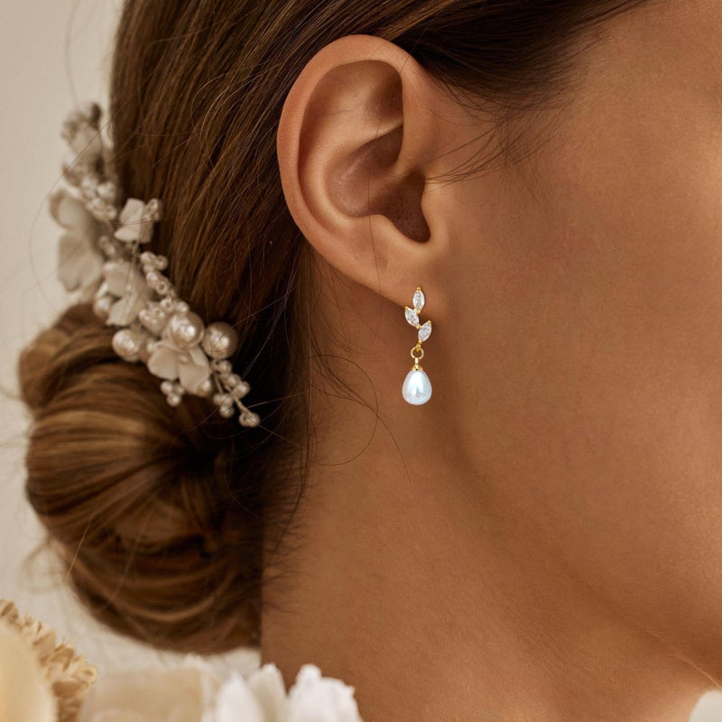 Tituthia Pearl Drop Earrings for Women Trendy, 14k Gold Pearl Earring Dainty Wedding Gold Dangle Earrings for Women Hypoallergenic Bridesmaid Bridal Prom Jewelry - Image 5
