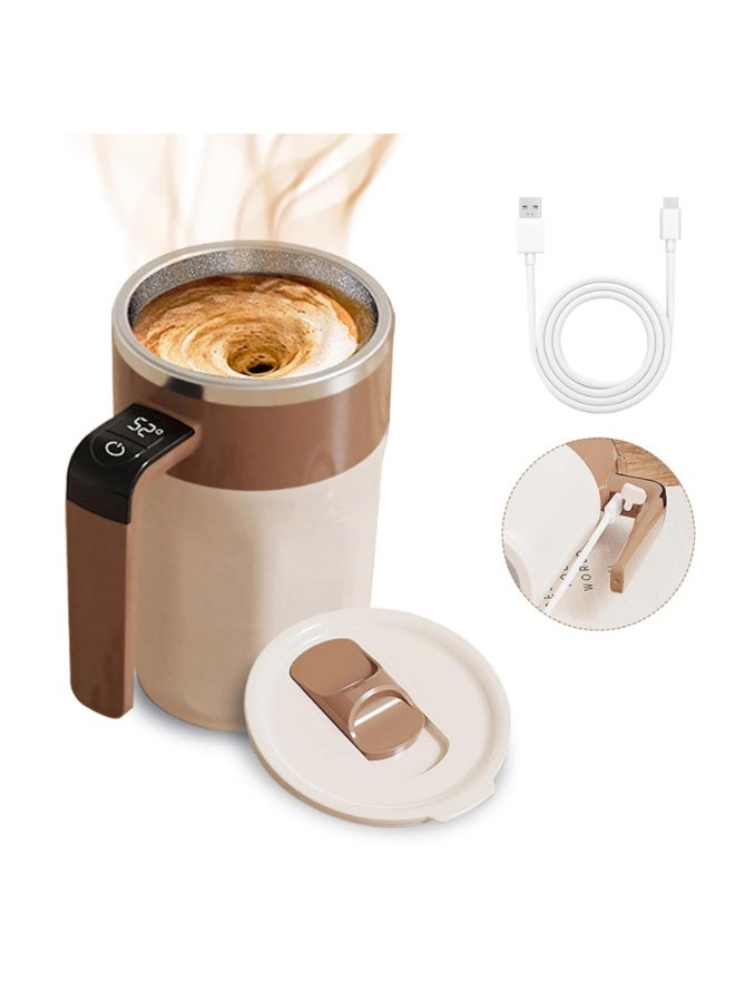 كوب قهوة ذاتي التحريك، كوب قهوة مغناطيسي كهربائي، كوب خلط محمول، أكواب قهوة ذاتية التحريك للقهوة والحليب والكاكاو والمشروبات، ترمس سفر متين (بني) - Image 1