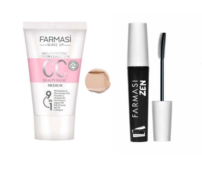 FARMASi Makeup CC Cream 1,7 Fl Oz (Medium), Pure, Natural and Flawless Finish, Medium to Full Coverage, All-Day Hold, All Skin Types, Zen Mascara Extension Lash 0.27 fl.oz