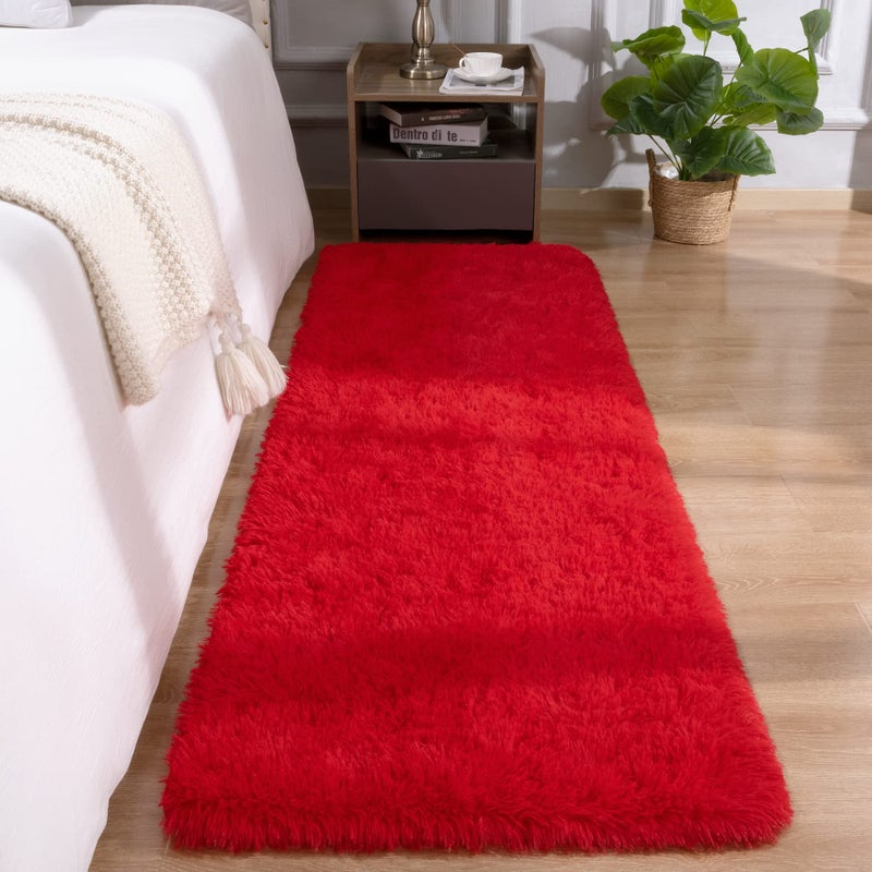 DETUM Red Rug 2x6 Feet - Fluffy Red Runner Rugs for Bedroom Shaggy 2' X 6' Living Room Rug Soft Rugs for Kids Room Non-Slip Nursery Office Dorm Washable Carpets Home Decor - Image 1