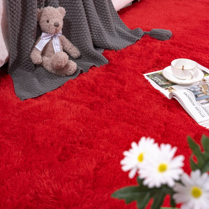 DETUM Red Rug 2x6 Feet - Fluffy Red Runner Rugs for Bedroom Shaggy 2' X 6' Living Room Rug Soft Rugs for Kids Room Non-Slip Nursery Office Dorm Washable Carpets Home Decor - Image 4