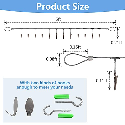 DEEKOUDT Multi-Purpose Steel Wall Hanging Display Wire Rod with 12 Clips Wall Mounted Photo Display for Hanging Photos, Postcards, Notes and Artwork in Your Home, Bedroom and Office (Alligator Clip) - Image 2