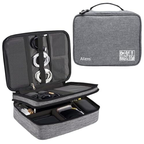 Aliens Double Layer Gadget Travel Tech Organizer Case Bag Pouch/Electronic/Toiletry Organiser/Cosmetic Kit Polyester Water-Proof for Ipad,Charger,Hard Disk,Cables,Laptop & PC Accessories-Grey - Image 1