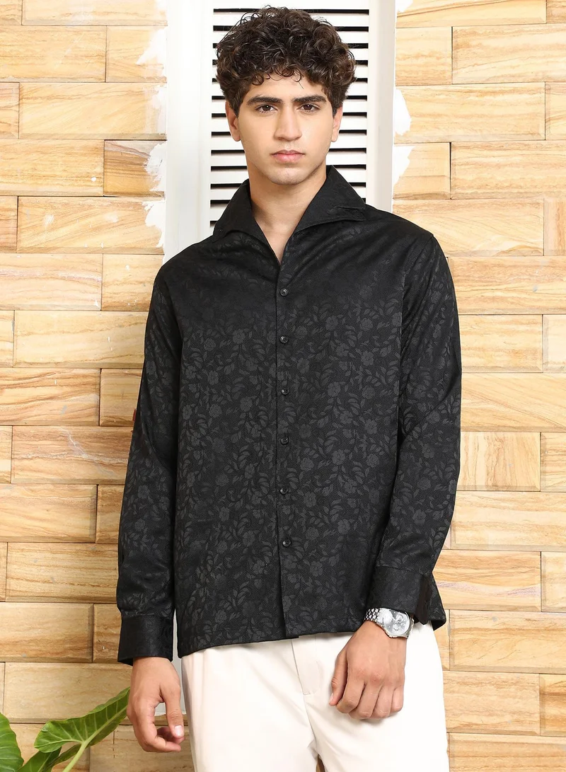 Campus Sutra Campus Sutra Men's Onyx Black Self-Flora Jacquard Shirt | Wing Collar , Long Cuffed Sleeves , Button Closure , Straight Hem | Floral Jacquard | Cotton-Blend Shirt For Casual Wear
