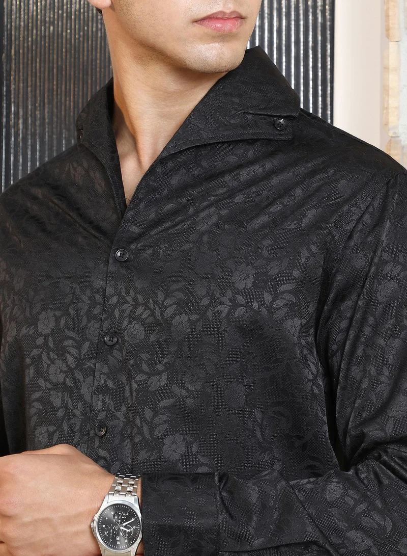 CAHOOT  Men's Onyx Black Self-Flora Jacquard Shirt for Men | Best Price UAE