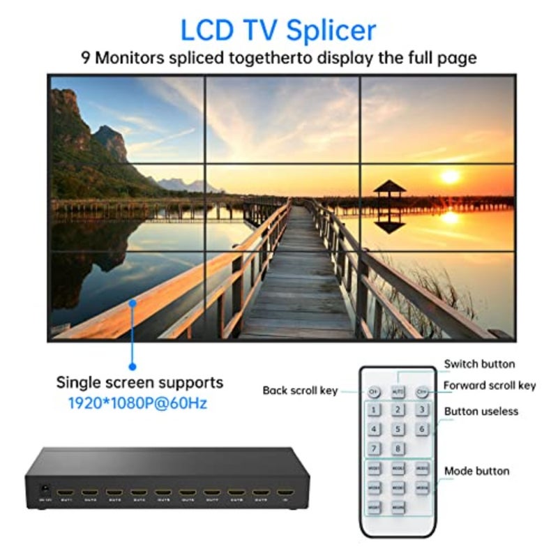 وحدة تحكم حائط فيديو HDMI بدقة 4K لشاشات عرض 9 تلفزيونات، هيكل من سبائك الألومنيوم، أسود، معالجة سلسة للشاشات المتعددة - Image 5