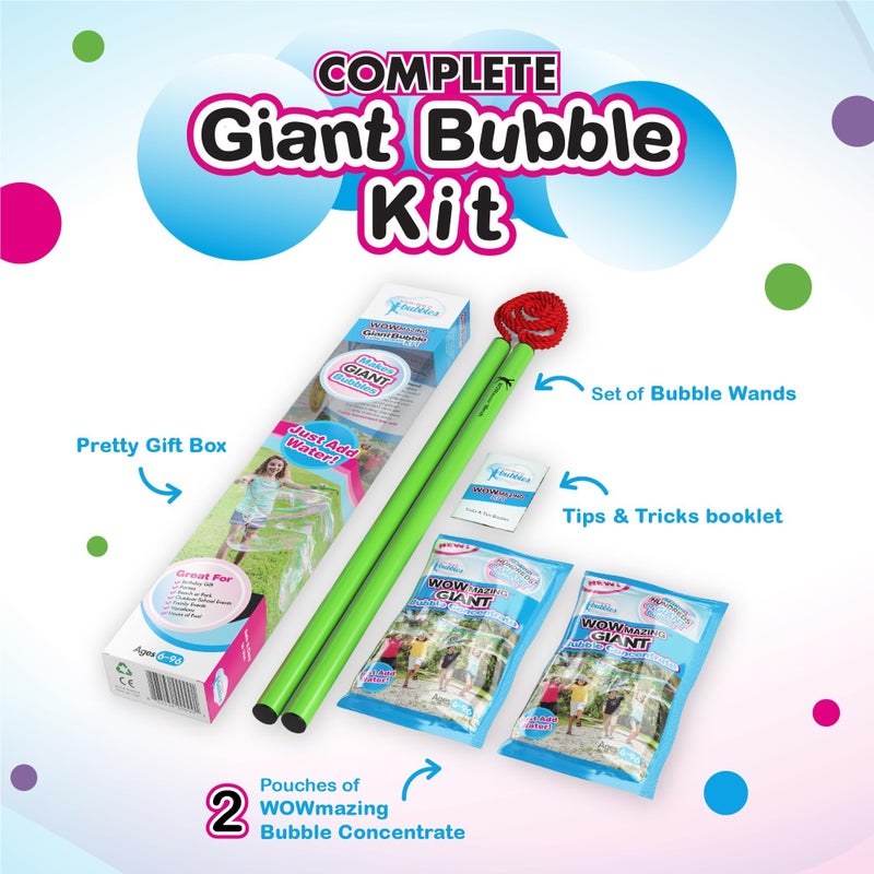 WOWmazing Giant Bubble Wands Kit: (4-Piece Set) | Incl. Wand, Big Bubble Concentrate and Tips & Trick Booklet | Outdoor Toy for Kids, Boys, Girls | Bubbles Made in The USA - Image 2