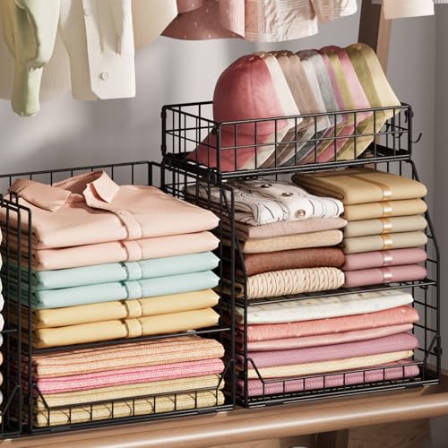 Jakyitvi 5-Tier Stackable Closet Organizers and Storage with Small Basket for Hats,Closet Storage Basket with Adjustable Dividers and 4 hooks,Clothes Shelf Bins for Closet Organizer System,Black - Image 4