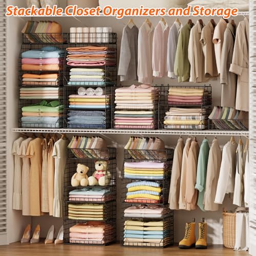 Jakyitvi 5-Tier Stackable Closet Organizers and Storage with Small Basket for Hats,Closet Storage Basket with Adjustable Dividers and 4 hooks,Clothes Shelf Bins for Closet Organizer System,Black - Image 2