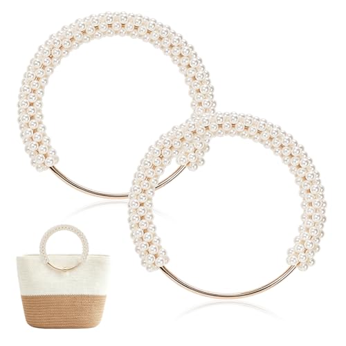 TXIN 2 Pieces Pearl Beaded Purse Handle Imitation Pearl Decor Handbag Handle Short Replacement Bag Chain Accessories with Golden Ring for DIY Handmade Woven Crochet Bag Purse Making Supplies White - Image 1