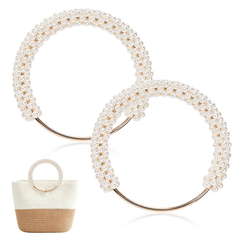 TXIN 2 Pieces Pearl Beaded Purse Handle Imitation Pearl Decor Handbag Handle Short Replacement Bag Chain Accessories with Golden Ring for DIY Handmade Woven Crochet Bag Purse Making Supplies White - Image 3