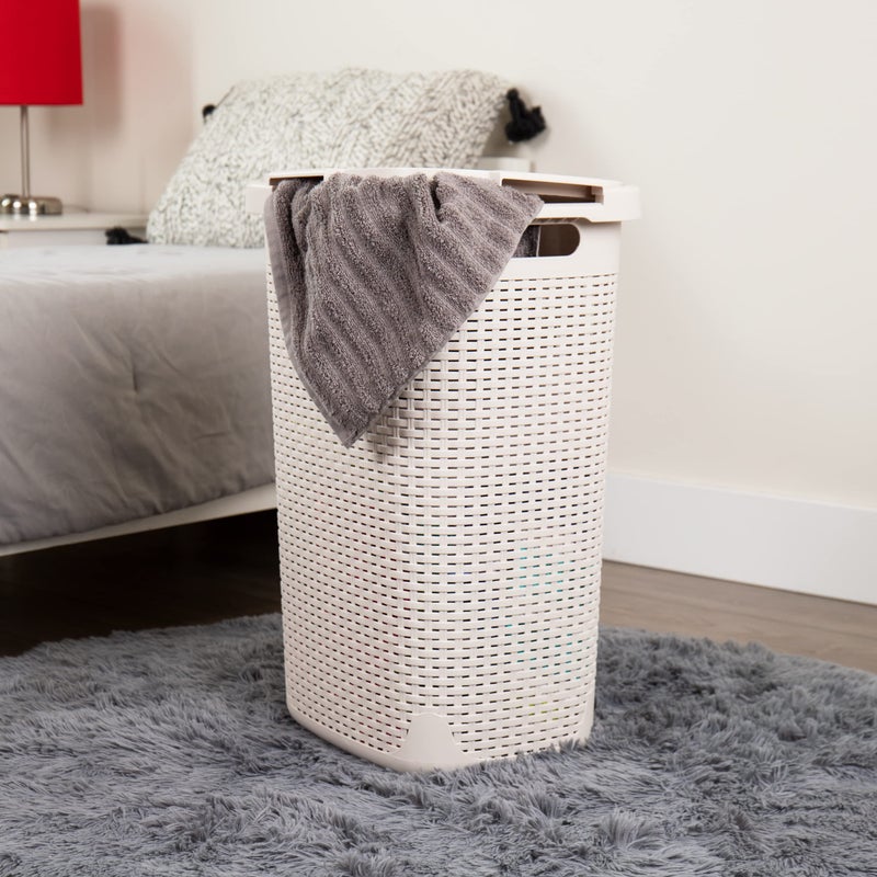 Mind Reader Slim Laundry Hamper with Lid, 60L Tall Clothes Basket, Narrow Tapered Design for Bathrooms, Closets and Laundry Rooms, Plastic, 2 Pack, Ivory - Image 2