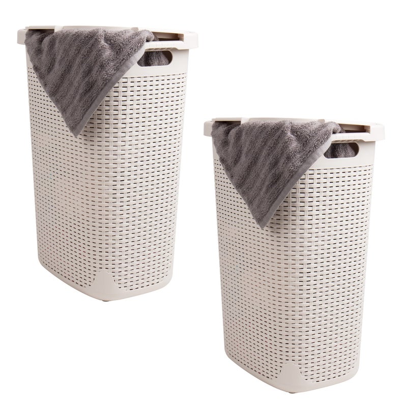 Mind Reader Slim Laundry Hamper with Lid, 60L Tall Clothes Basket, Narrow Tapered Design for Bathrooms, Closets and Laundry Rooms, Plastic, 2 Pack, Ivory - Image 1