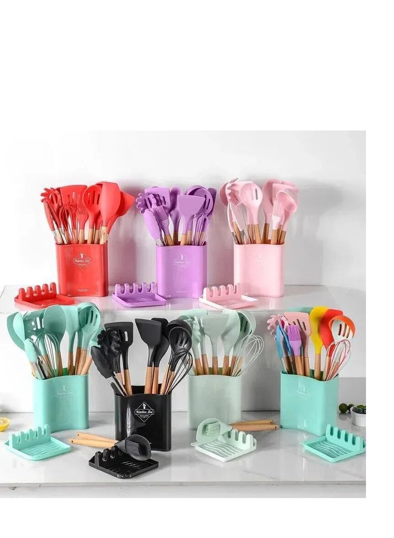 13 Piece Silicone Kitchen Utensil Set with Holder and Wooden Handle, Heat Resistant Flat Spatula Set, Kitchen Gadgets Gift for Cooking Utensils H  - Image 1
