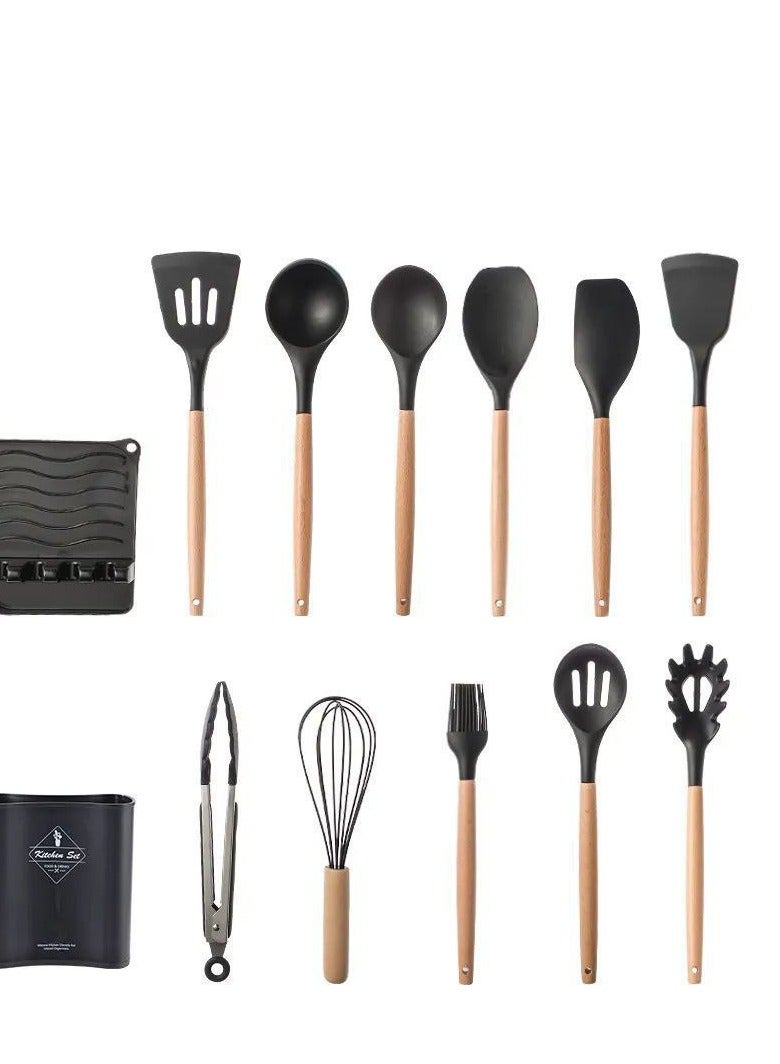 13 Piece Silicone Kitchen Utensil Set with Holder and Wooden Handle, Heat Resistant Flat Spatula Set, Kitchen Gadgets Gift for Cooking Utensils H  - Image 2