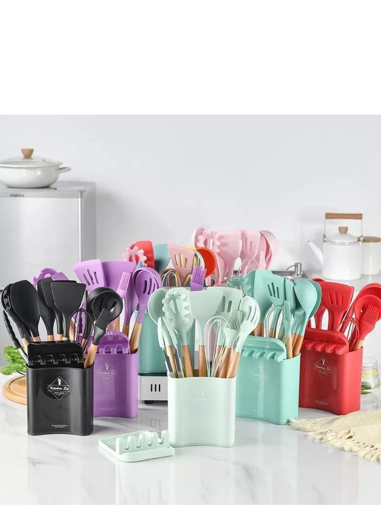 13 Piece Silicone Kitchen Utensil Set with Holder and Wooden Handle, Heat Resistant Flat Spatula Set, Kitchen Gadgets Gift for Cooking Utensils H  - Image 4