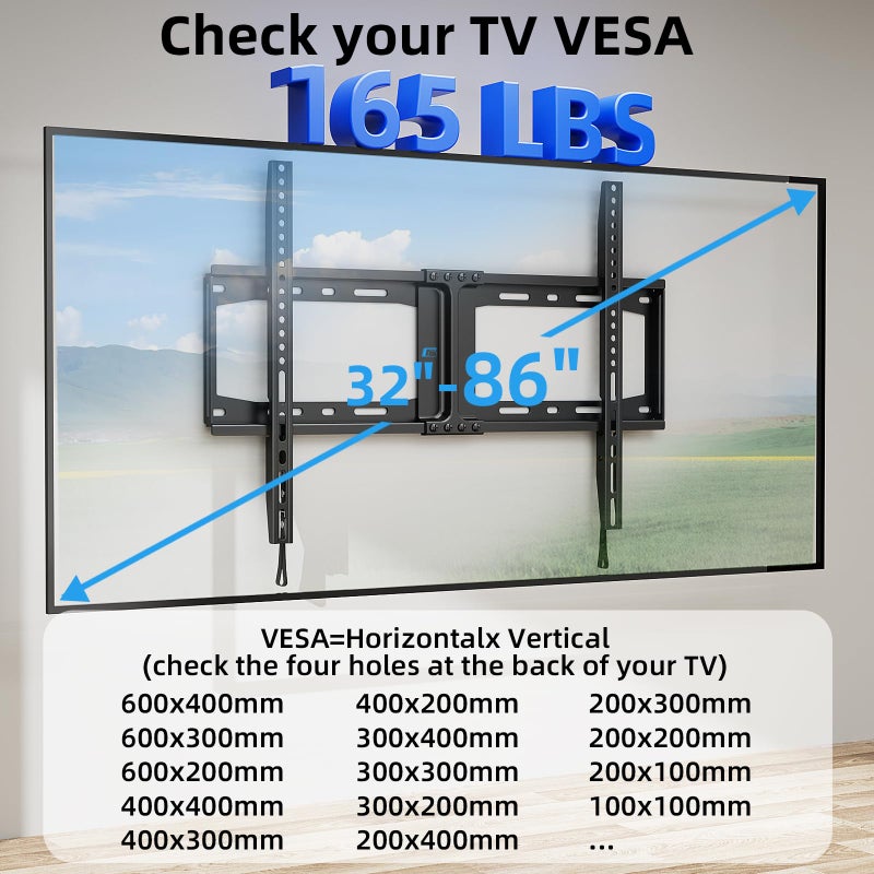 HOME VISION Heavy Duty Fixed TV Wall Mount for Most 32-86 Inch Flat TVs, Max VESA 600X400mm up to 165lbs Fits 16/18/24 Inch Wood Studs, Universal Low Profile Wall Mount TV Bracket, Space Saving HV8601 - Image 3