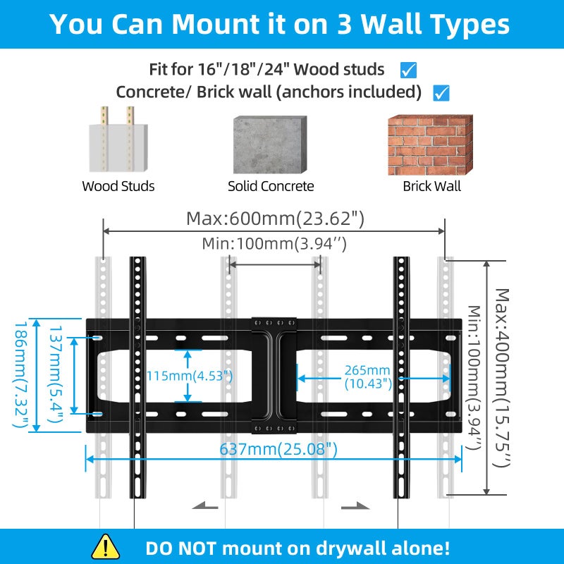 HOME VISION Heavy Duty Fixed TV Wall Mount for Most 32-86 Inch Flat TVs, Max VESA 600X400mm up to 165lbs Fits 16/18/24 Inch Wood Studs, Universal Low Profile Wall Mount TV Bracket, Space Saving HV8601 - Image 4
