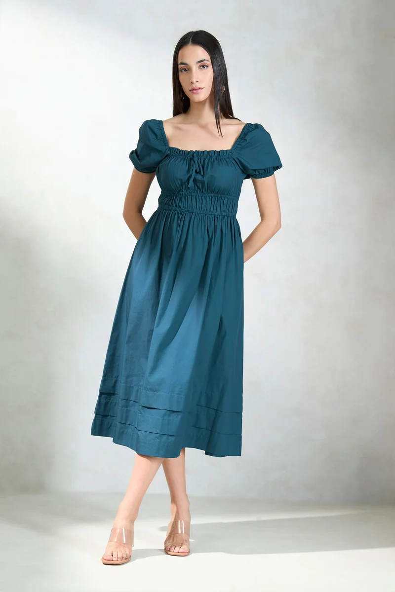 فيرجيو Solid Cotton Blue Midi Dress With Puff Sleeves for Women