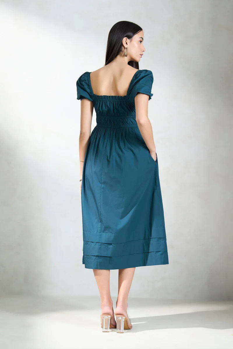 Virgio  Solid Cotton Blue Midi Dress With Puff Sleeves for Women for Women | Best Price UAE