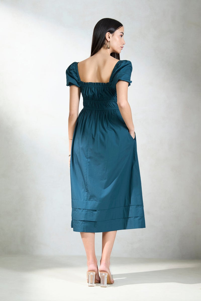 Virgio Solid Cotton Blue Midi Dress With Puff Sleeves for Women - Image 4
