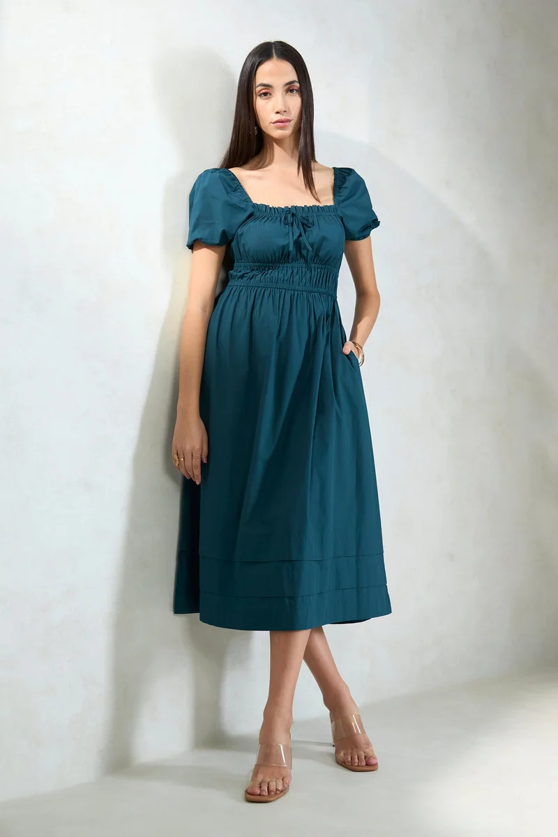 فيرجيو Solid Cotton Blue Midi Dress With Puff Sleeves for Women