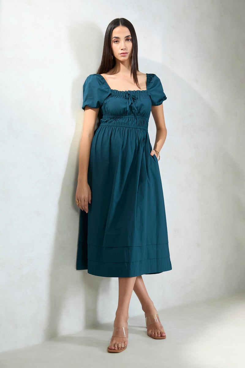 Virgio Solid Cotton Blue Midi Dress With Puff Sleeves for Women - Image 2