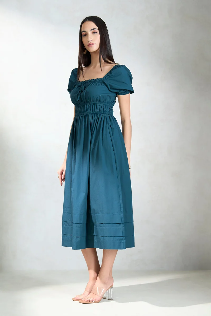 Virgio  Solid Cotton Blue Midi Dress With Puff Sleeves for Women for Women | Best Price UAE