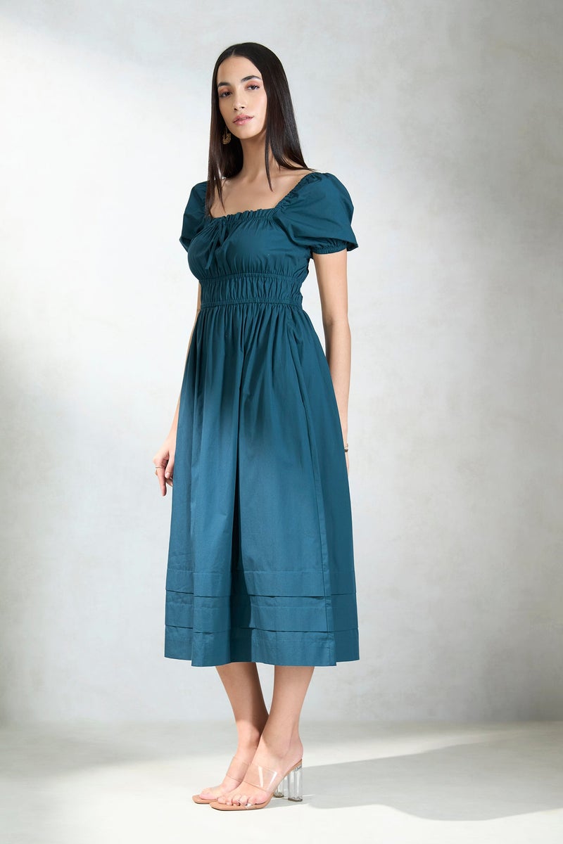 Virgio Solid Cotton Blue Midi Dress With Puff Sleeves for Women - Image 3