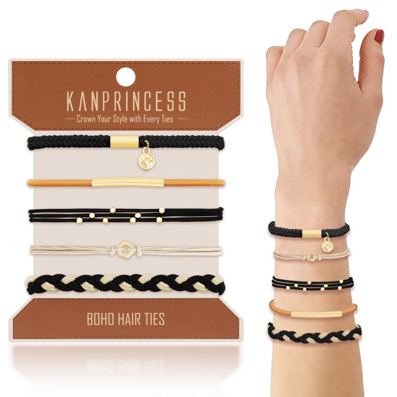 KANPRINCESS Hair Tie Bracelet, 5 Pcs Boho Hair Ties For Girls and Women, Elastic Hair Ties, Hair Bands For Ponytails, Ponytail Holder For Daily Life, Sport, Cooking, Working (Set 17) - Image 1