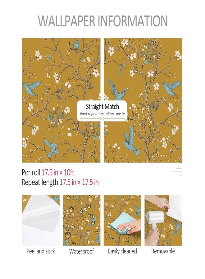 ReWallpaper ورق حائط ReWallpaper أصفر بنقشة طائر الطنان، ورق حائط عتيق قابل للإزالة بنقشة زهور وطيور، ورق حائط ذاتي اللصق، ديكور حائط لغرفة المعيشة وغرفة النوم، جدران مميزة بمقاس 17.5 بوصة × 10 أقدام - Image 5