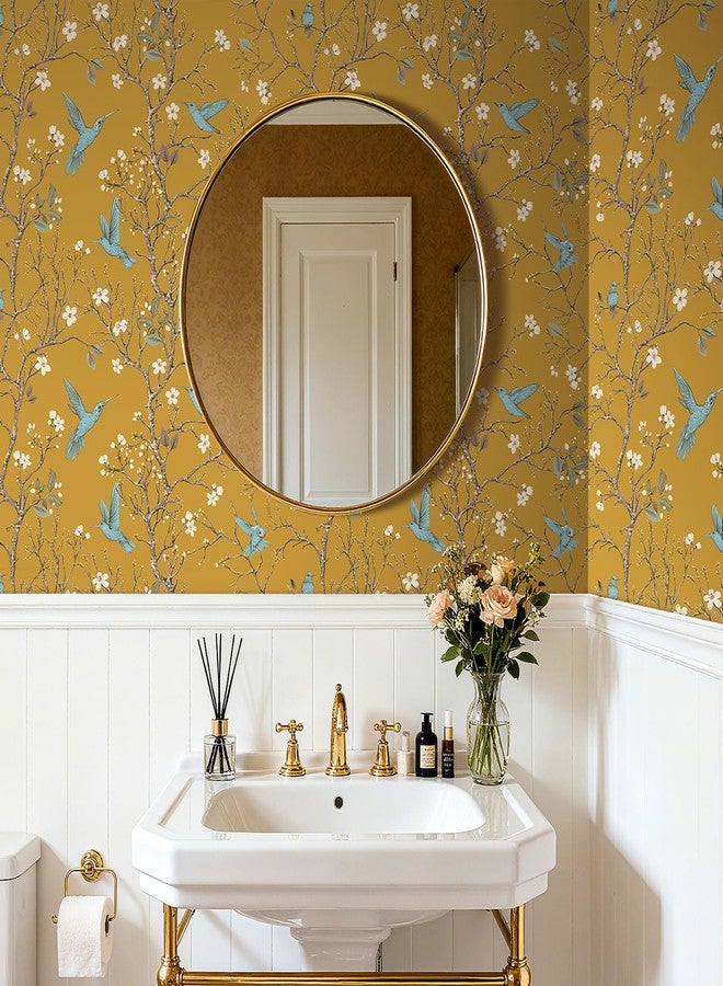 ReWallpaper ورق حائط ReWallpaper أصفر بنقشة طائر الطنان، ورق حائط عتيق قابل للإزالة بنقشة زهور وطيور، ورق حائط ذاتي اللصق، ديكور حائط لغرفة المعيشة وغرفة النوم، جدران مميزة بمقاس 17.5 بوصة × 10 أقدام - Image 4