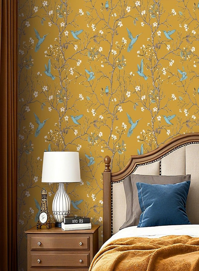 ReWallpaper ورق حائط ReWallpaper أصفر بنقشة طائر الطنان، ورق حائط عتيق قابل للإزالة بنقشة زهور وطيور، ورق حائط ذاتي اللصق، ديكور حائط لغرفة المعيشة وغرفة النوم، جدران مميزة بمقاس 17.5 بوصة × 10 أقدام - Image 2