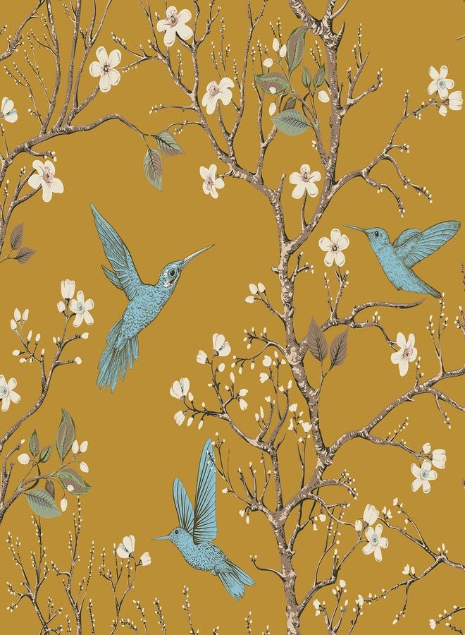 ReWallpaper ورق حائط ReWallpaper أصفر بنقشة طائر الطنان، ورق حائط عتيق قابل للإزالة بنقشة زهور وطيور، ورق حائط ذاتي اللصق، ديكور حائط لغرفة المعيشة وغرفة النوم، جدران مميزة بمقاس 17.5 بوصة × 10 أقدام - Image 1