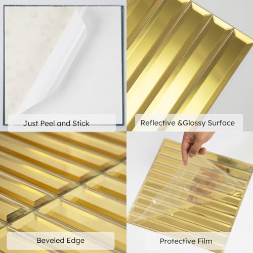 Diflart Peel and Stick Mirror Backsplash Tile, Gold, 11.8 x 11.8 Inch, Beveled Mirror Strip Tile for Kitchen Bathroom Bar Accent Wall, Pack of 5 Sheets - Image 3