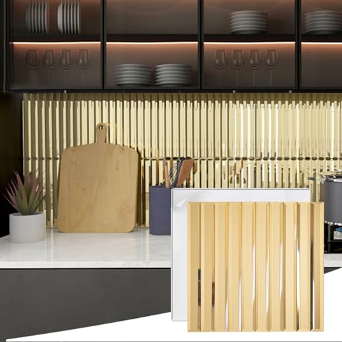 Diflart Peel and Stick Mirror Backsplash Tile, Gold, 11.8 x 11.8 Inch, Beveled Mirror Strip Tile for Kitchen Bathroom Bar Accent Wall, Pack of 5 Sheets - Image 1