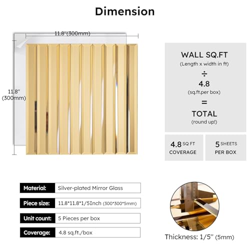 Diflart Peel and Stick Mirror Backsplash Tile, Gold, 11.8 x 11.8 Inch, Beveled Mirror Strip Tile for Kitchen Bathroom Bar Accent Wall, Pack of 5 Sheets - Image 2