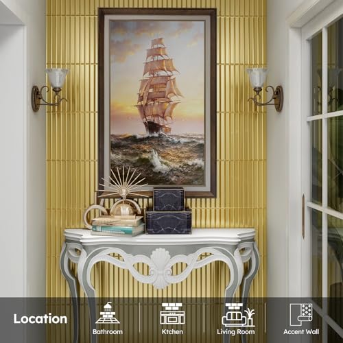 Diflart Peel and Stick Mirror Backsplash Tile, Gold, 11.8 x 11.8 Inch, Beveled Mirror Strip Tile for Kitchen Bathroom Bar Accent Wall, Pack of 5 Sheets - Image 5