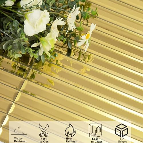 Diflart Peel and Stick Mirror Backsplash Tile, Gold, 11.8 x 11.8 Inch, Beveled Mirror Strip Tile for Kitchen Bathroom Bar Accent Wall, Pack of 5 Sheets - Image 4