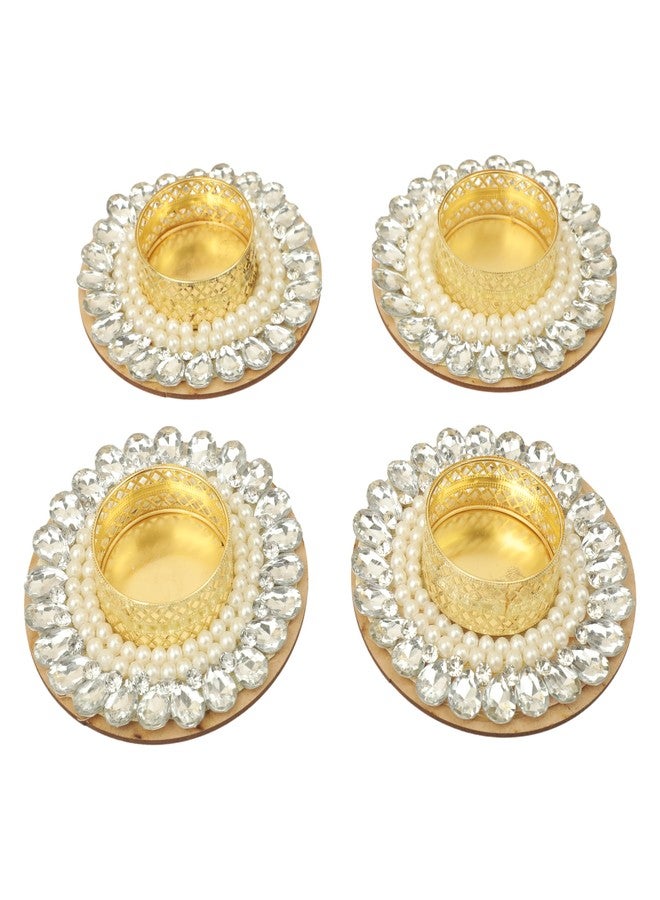 Aditri Creation Set of 4 Pearl Moti Design T Light Holder Candle Stand Tealight T-Light Holders for Indian Cultural Festival Decorations New year Gifts Lighting Decorations (Without Wax)(White)(Size:-3") - Image 1