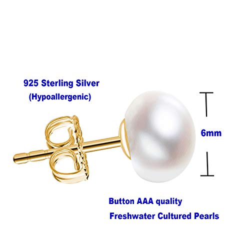 JORA Classic Dainty Gold Plated 6mm White Freshwater Cultured Pearl Stud Earrings for Women - Image 4