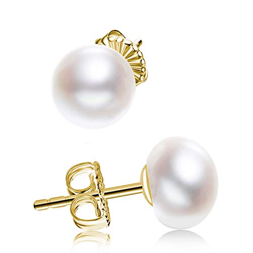 JORA Classic Dainty Gold Plated 6mm White Freshwater Cultured Pearl Stud Earrings for Women - Image 1