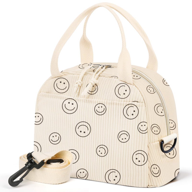 WOBAGMEN Lunch Box for Women,Smiley Lunch Bag Cute Corduroy Insulated Lunch Box With Shoulder Strap for Adult Womens for Work Picnic(smiley) - Image 1