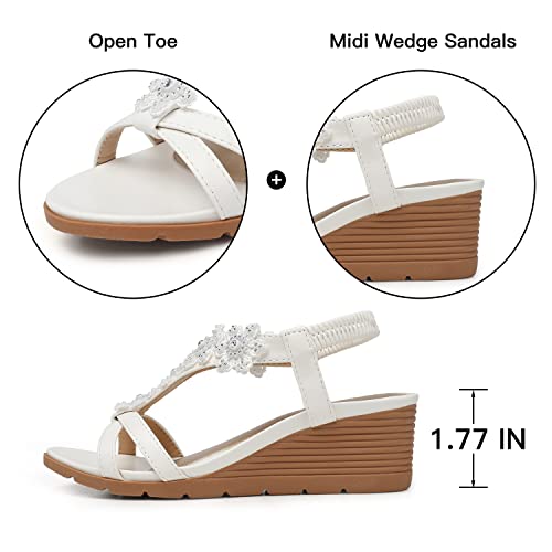 TEMOFON Women's Low Wedge Heels Summer Dressy Platform Sandals Elastic Ankle Strap Open Toe Flower Shoes White Size 7 - Image 5
