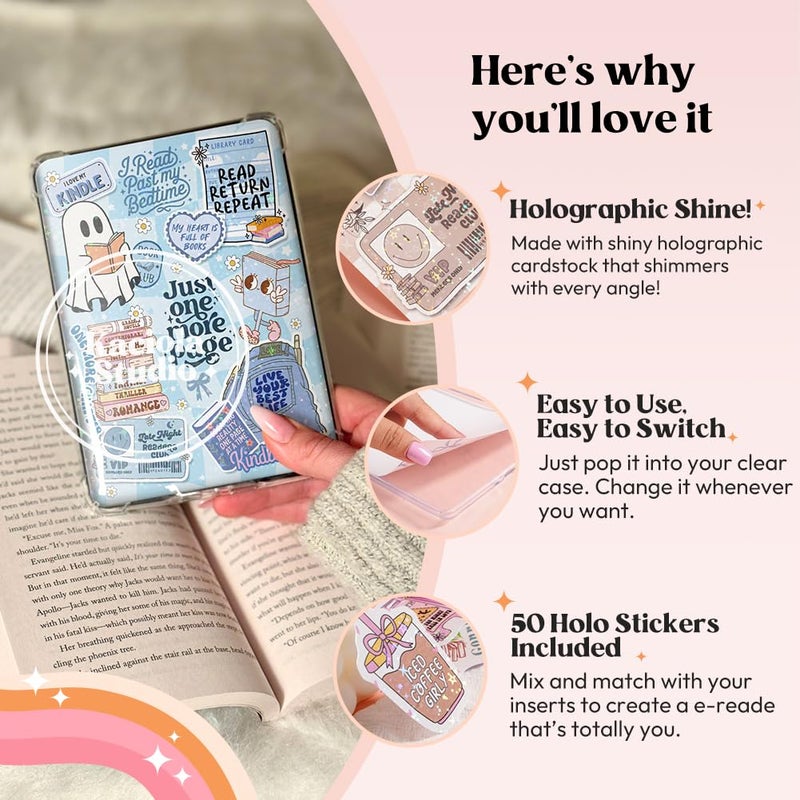 Kaciola 12PCS Inserts Cardstock for E-Reader, 50PCS Stickers for Clear Case Insert, 6.2"x4.3" Bookish Theme Inserts Compatible with E-Reader Basic, Gifts for Booklovers - Image 4